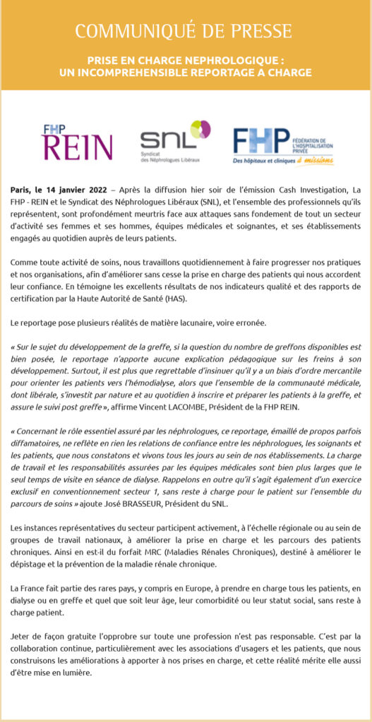 Communiqué de Presse - Prise en charge Nephrologique
